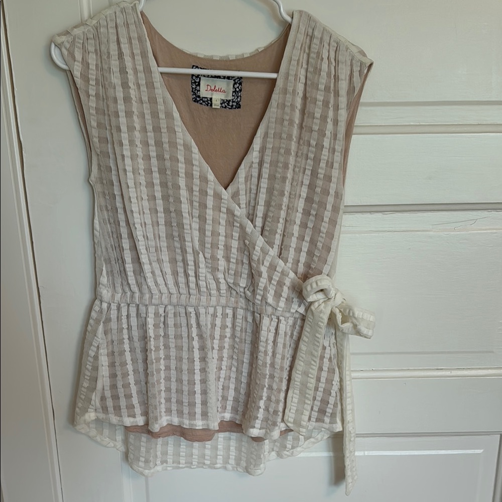 Anthropologie Tan Wrap Tie Front Peplum Blouse
